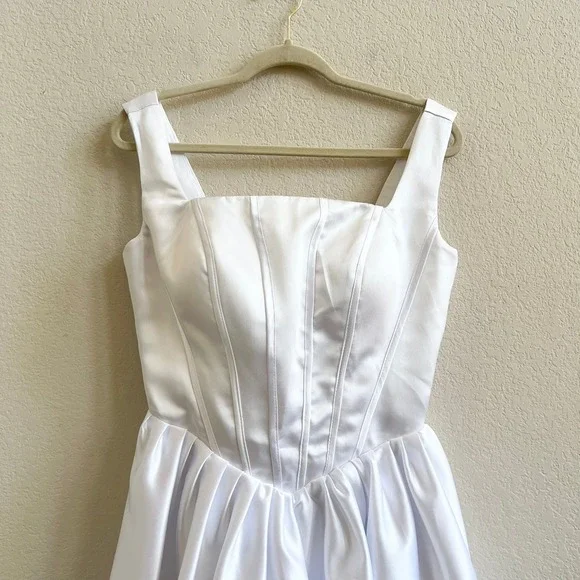 White Satin Corset Fit and Flare Mini Dress Bachelorette Party Bridal Graduation - Picture 8 of 13